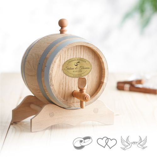 Holzfass mit Gravur Plakette zur Hochzeit