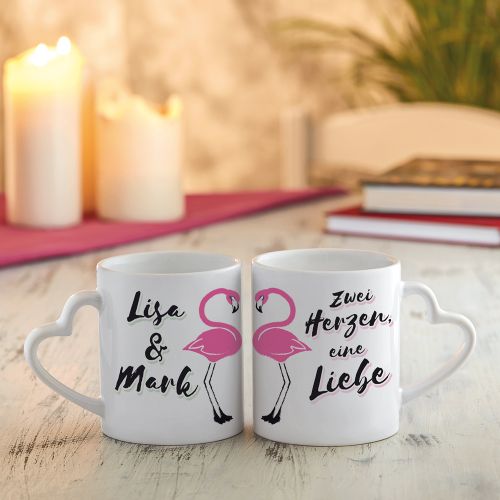 Personalisiertes Herz Henkeltasse Set - Flamingo