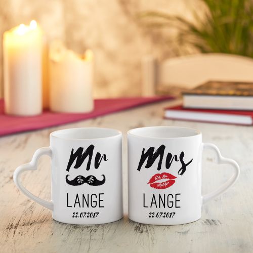 Personalisiertes Herz Henkeltasse Set - Mr and Mrs