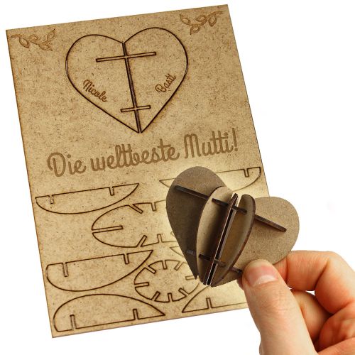 Postkarte 3D Herz aus Holz zum Muttertag