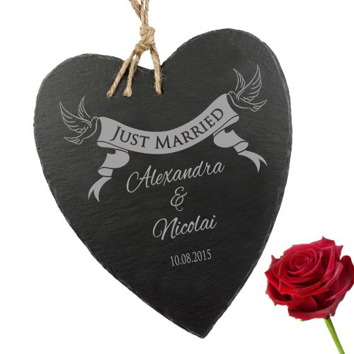 Schieferherz mit Banner Gravur - Just Married