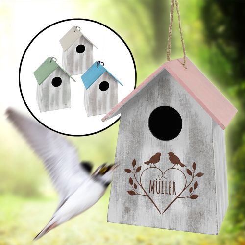 VogelhÃ€uschen mit Holzgravur - vier Farben