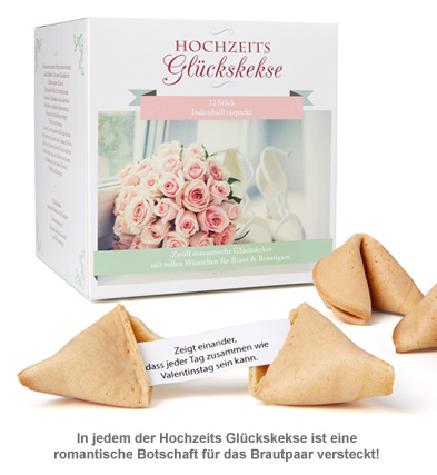 Hochzeits Glückskekse Geschenkbox mit 12 tollen Liebesbotschaften