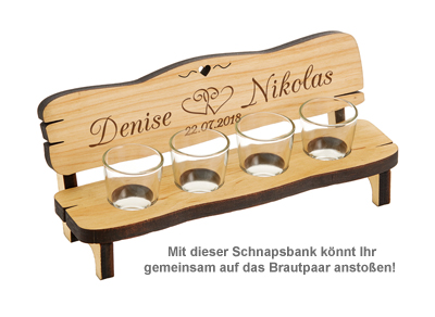Personalisierte Vierer Schnapsbank Hochzeit Holz mit Shotgläsern