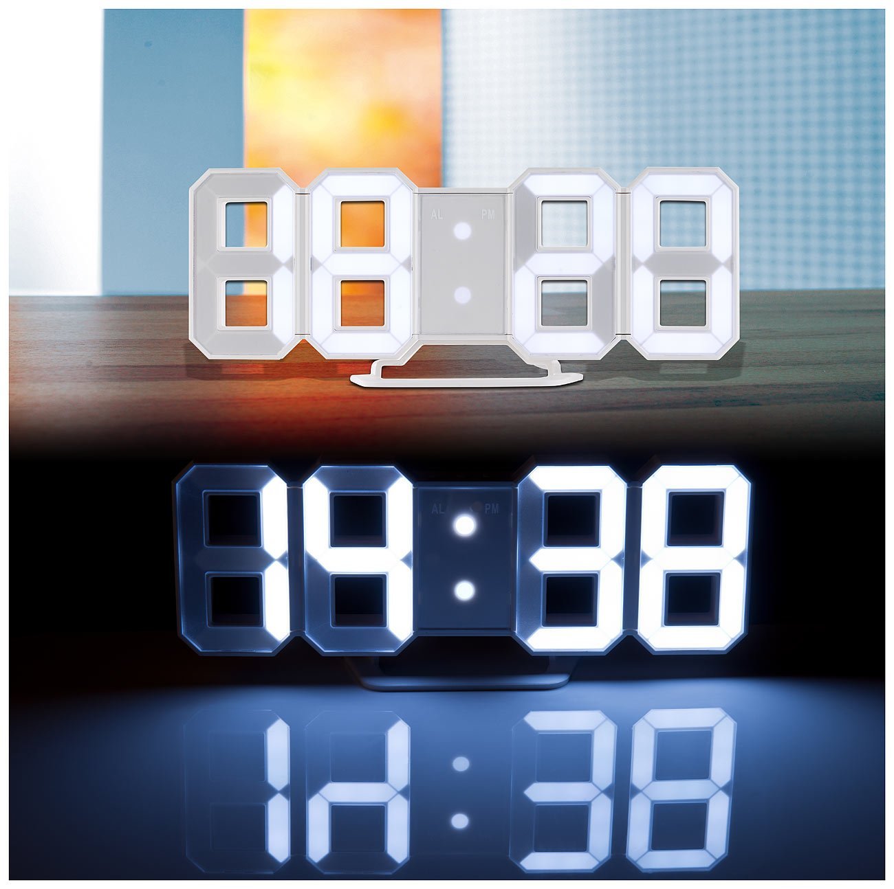 DE Moderne LED Wanduhr mit Zahlen weiß 3D digital Uhr 24/12Hr Tischuhr Wecker 