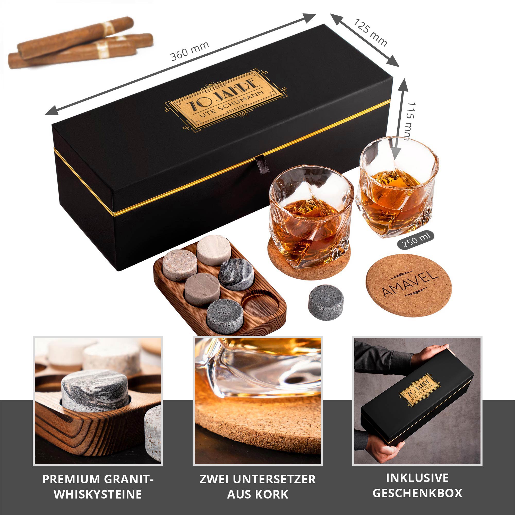 Whisky-Geschenk-Box aus Holz mit Gravur Bester Bruder 2 Gläser Whiskysteine 