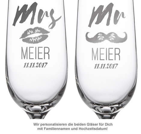 Sektgläser - Mr and Mrs mit Motiv und Namensgravur - 2 Sektgläser - Mr and Mrs mit Motiv und Namensgravur - 2