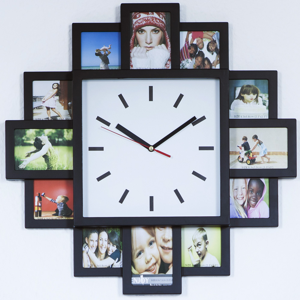 Foto Wand Uhr 10x Bilder Rahmen Flur Glas Ziffernblatt Dekoration Zeit Anzeige 