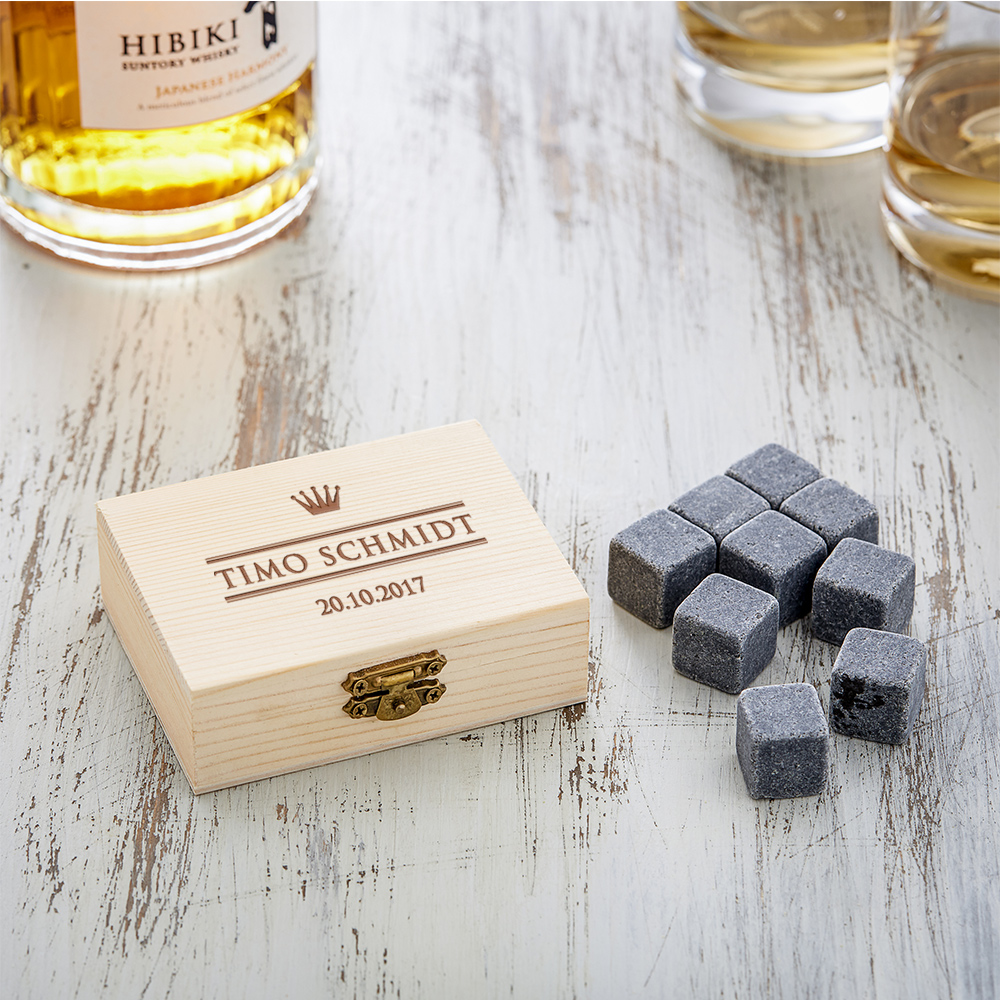 Glas Kühlsteine Whisky-Geschenk-Box mit Gravur des Namens M08 Untersetzer 