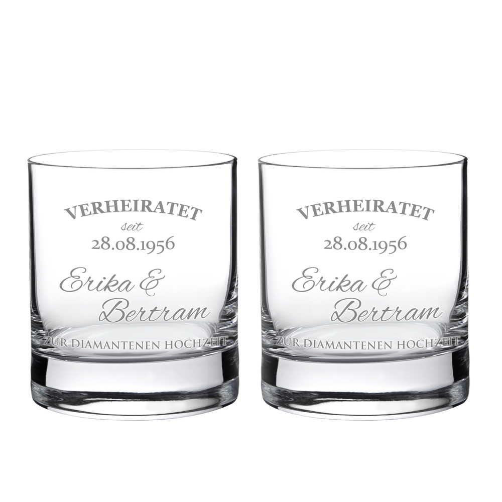 Whiskygläser zur diamantenen Hochzeit mit Namen & Datum graviert