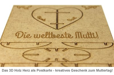 Postkarte 3D Herz aus Holz zum Muttertag - 2 Postkarte 3D Herz aus Holz zum Muttertag - 2