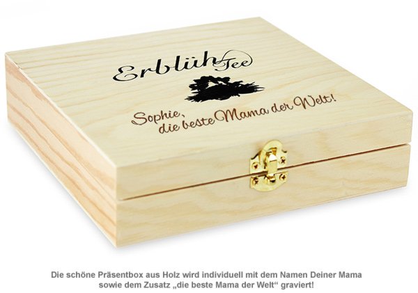 Erblühtee in edler Holzbox mit Beste Mama Gravur - Weißer Tee - 2 Erblühtee in edler Holzbox mit Beste Mama Gravur - Weißer Tee - 2