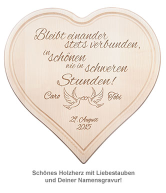 Holzherz zur Hochzeit mit Liebestauben und Treuespruch schönes