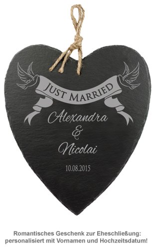 Schieferherz mit Banner Gravur - Just Married - 2 Schieferherz mit Banner Gravur - Just Married - 2