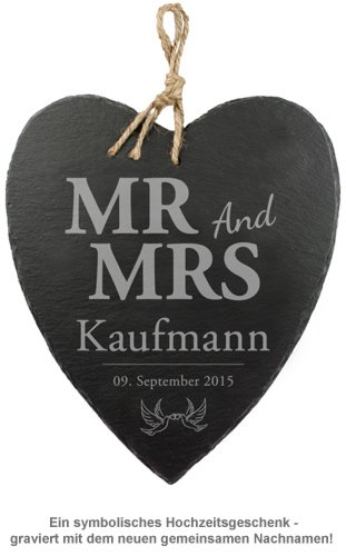 Schieferherz mit Liebestauben Gravur - Mr and Mrs - 2 Schieferherz mit Liebestauben Gravur - Mr and Mrs - 2