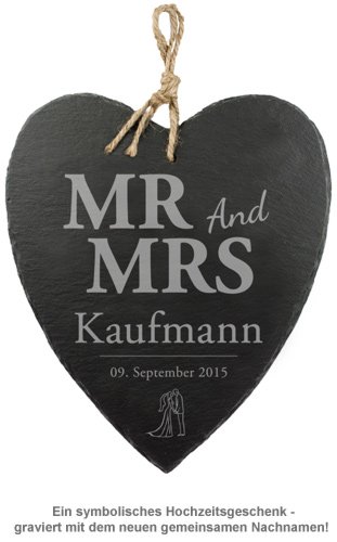 Schieferherz mit Silhouetten Gravur - Mr and Mrs - 2 Schieferherz mit Silhouetten Gravur - Mr and Mrs - 2