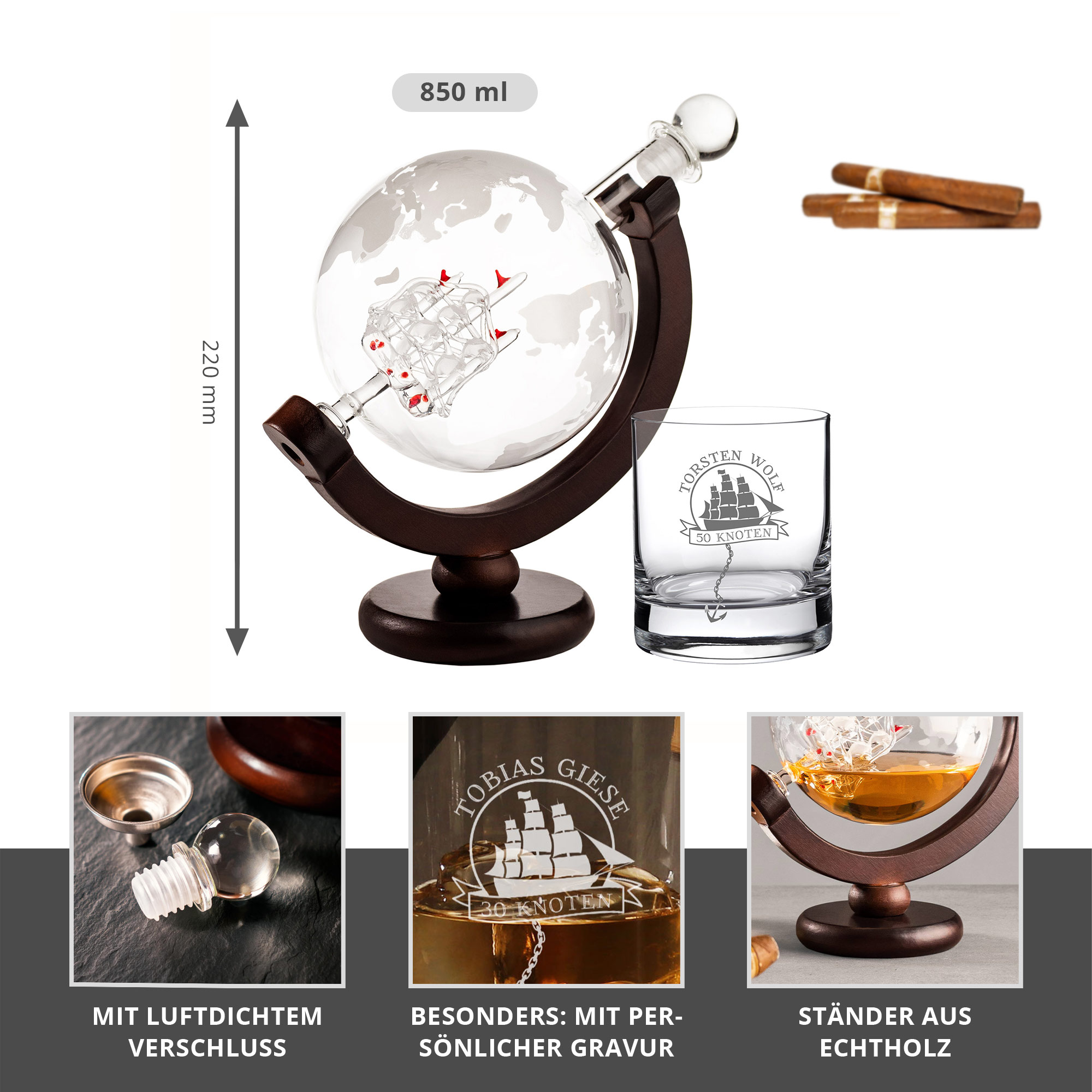 Rum Set mit Globus Karaffe und Glas - Segelschiff - 2