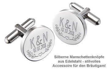 Manschettenknöpfe Silber zur Hochzeit - rund - Blätter - 2 Manschettenknöpfe Silber zur Hochzeit - rund - Blätter - 2