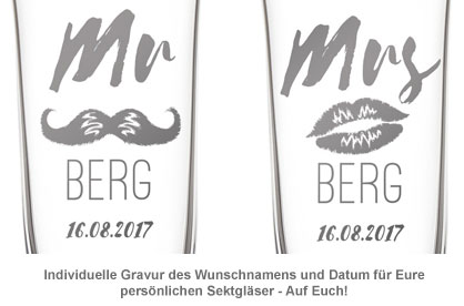 Herzen Sektgläser - Mr and Mrs mit Namensgravur - 2 Herzen Sektgläser - Mr and Mrs mit Namensgravur - 2