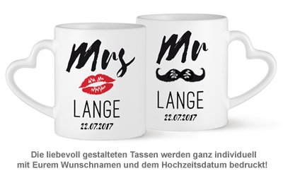 Personalisiertes Herz Henkeltasse Set - Mr and Mrs - 2 Personalisiertes Herz Henkeltasse Set - Mr and Mrs - 2