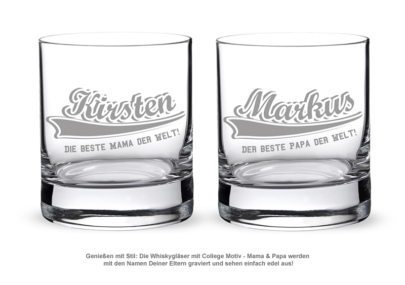 Whiskygläser mit College Motiv - Mama & Papa - 2 Whiskygläser mit College Motiv - Mama & Papa - 2