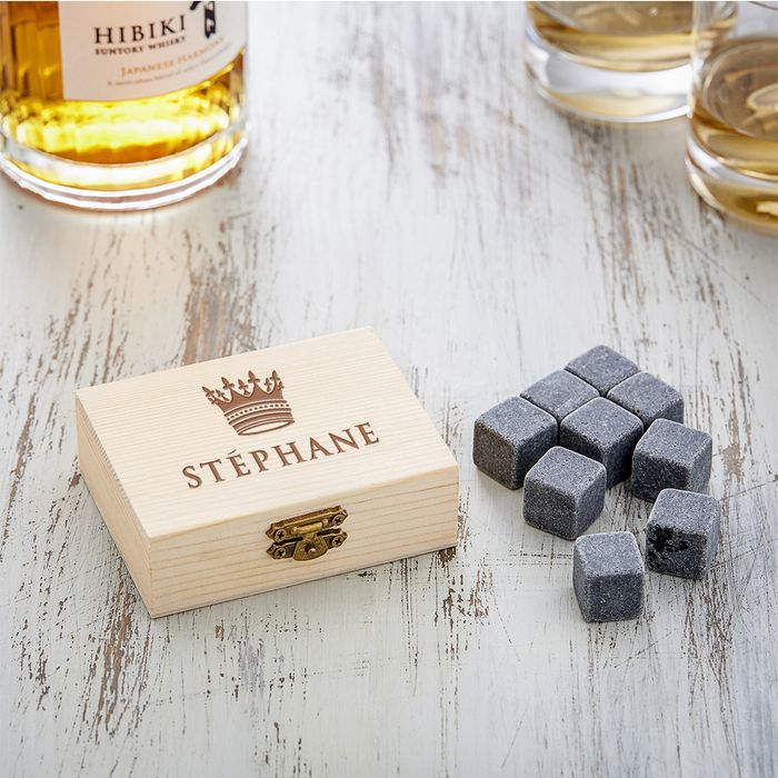 Pierres à whisky dans boîte en bois avec gravure - Couronne roi