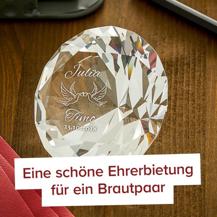 Diamant Kristall mit Gravur zur Hochzeit Liebestauben