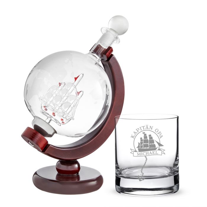 Rum Set mit Globus Karaffe und Glas Segelschiff für Opa