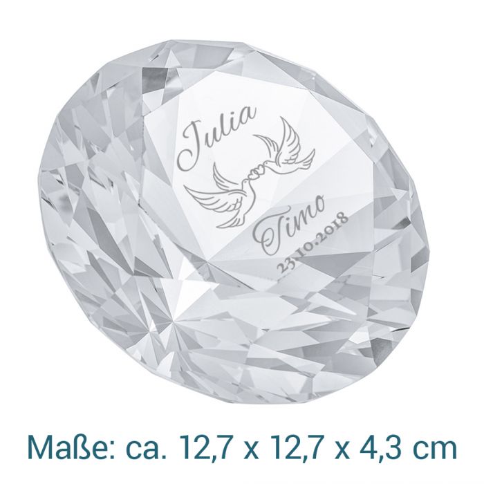 Diamant Kristall mit Gravur zur Hochzeit - Liebestauben