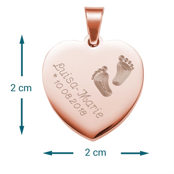 Herzanhänger Rosegold graviert mit Kette - Babyfüße