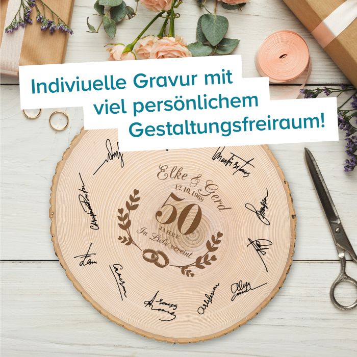 Echte XXL Baumscheibe mit Gravur zur goldenen Hochzeit