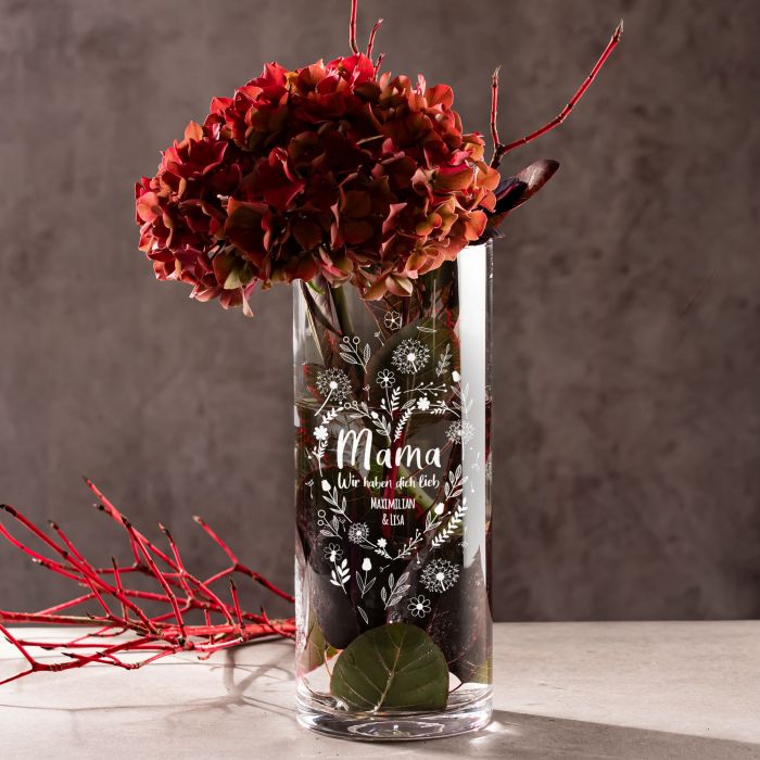 Runde Vase mit Gravur - Blumenherz für Mama