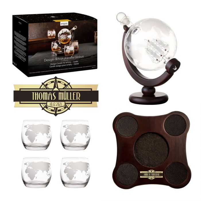 Whisky Set mit Globus Karaffe und 4 Gläsern - Segelschiff