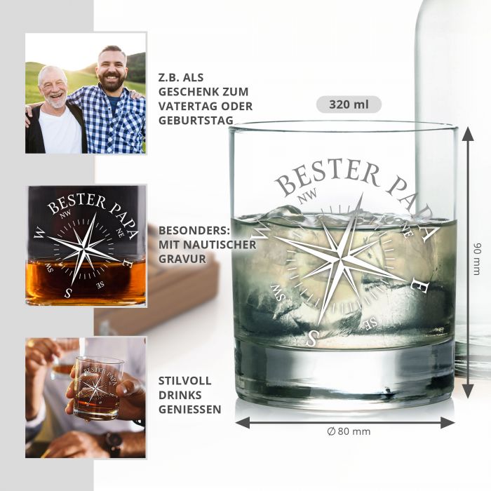 Whiskyglas mit Kompass Gravur - Bester Papa