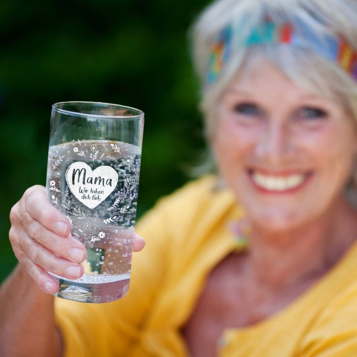 Wasserglas mit Gravur - Blumenherz Mama