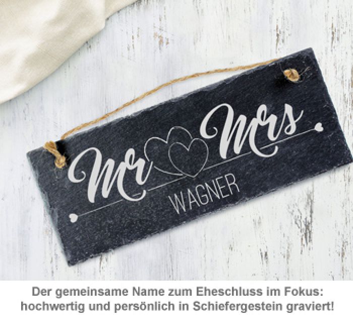 Schiefertafel mit Gravur zur Hochzeit Mr and Mrs mit Namen