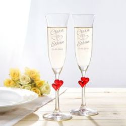 Fl�tes de champagne avec coeurs - grav�es