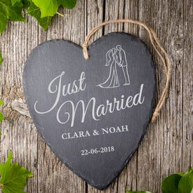Schieferherz mit Silhouetten Gravur - Just Married