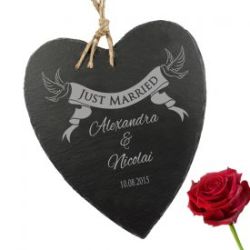 Schieferherz mit Banner Gravur - Just Married