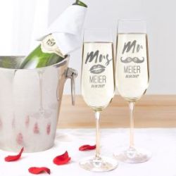 Fl�tes � champagne - Mr and Mrs avec motif et gravure du nom