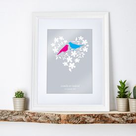 Couple doiseaux dans cur de fleurs  tableau personnalis blan